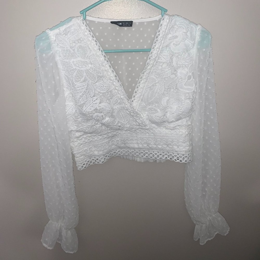 Shein Floral White Cropped Blouse